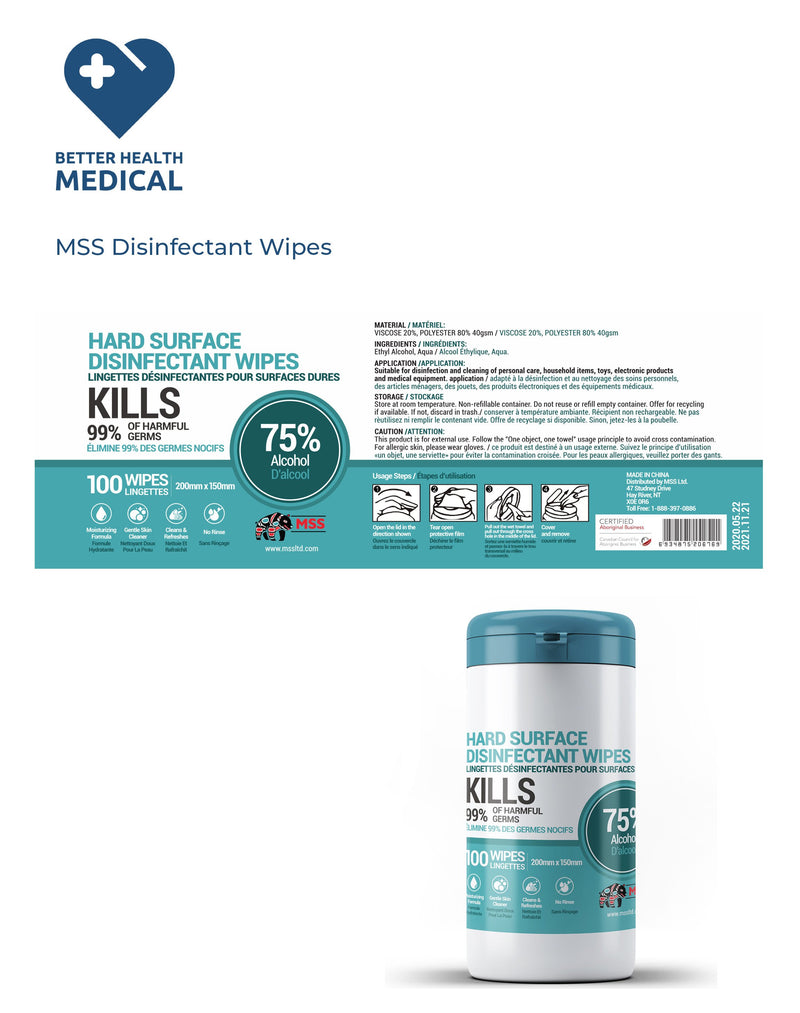 MSS Hand-Surface Disinfectant Wipes 100/cannister - Better Health Medical Shop