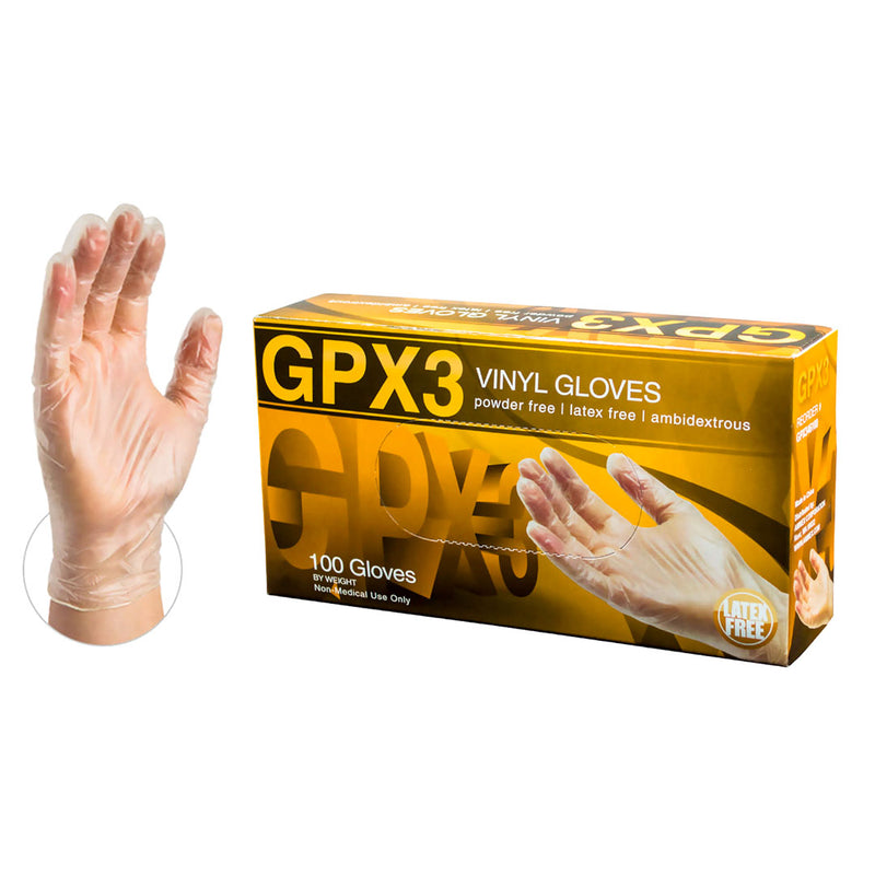 Ammex GPX3 Industrial Clear Vinyl Gloves - 3 mil, Latex Free, Powder Free, SM-M-L-XL, Box of 100